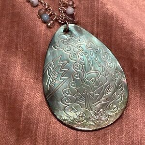 Teal Ocean Green Paisley Design Abalone Shell Boho Beaded Dangle Necklace